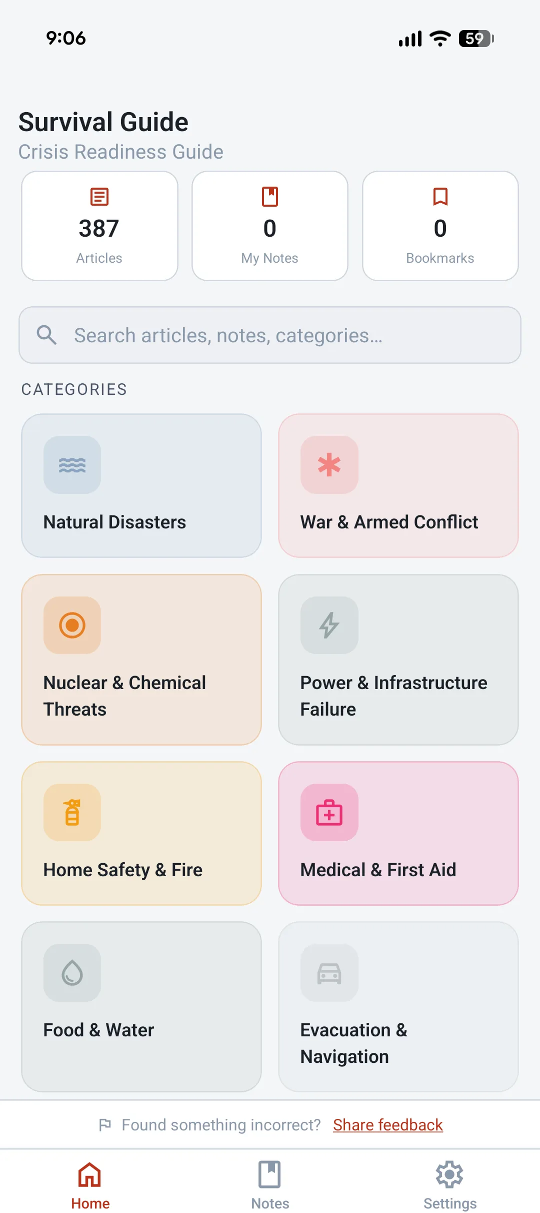 Survival Guide app showing a medical guide article with reading progress