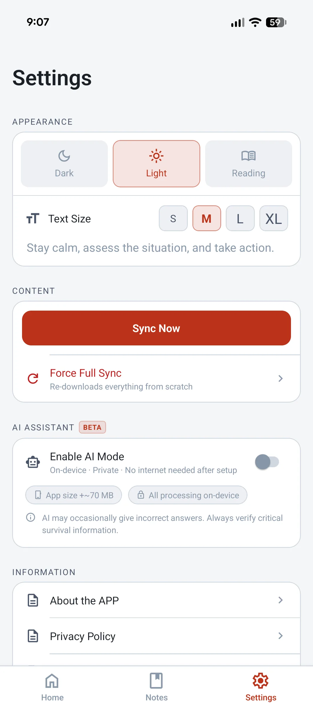 Survival Guide offline search screen