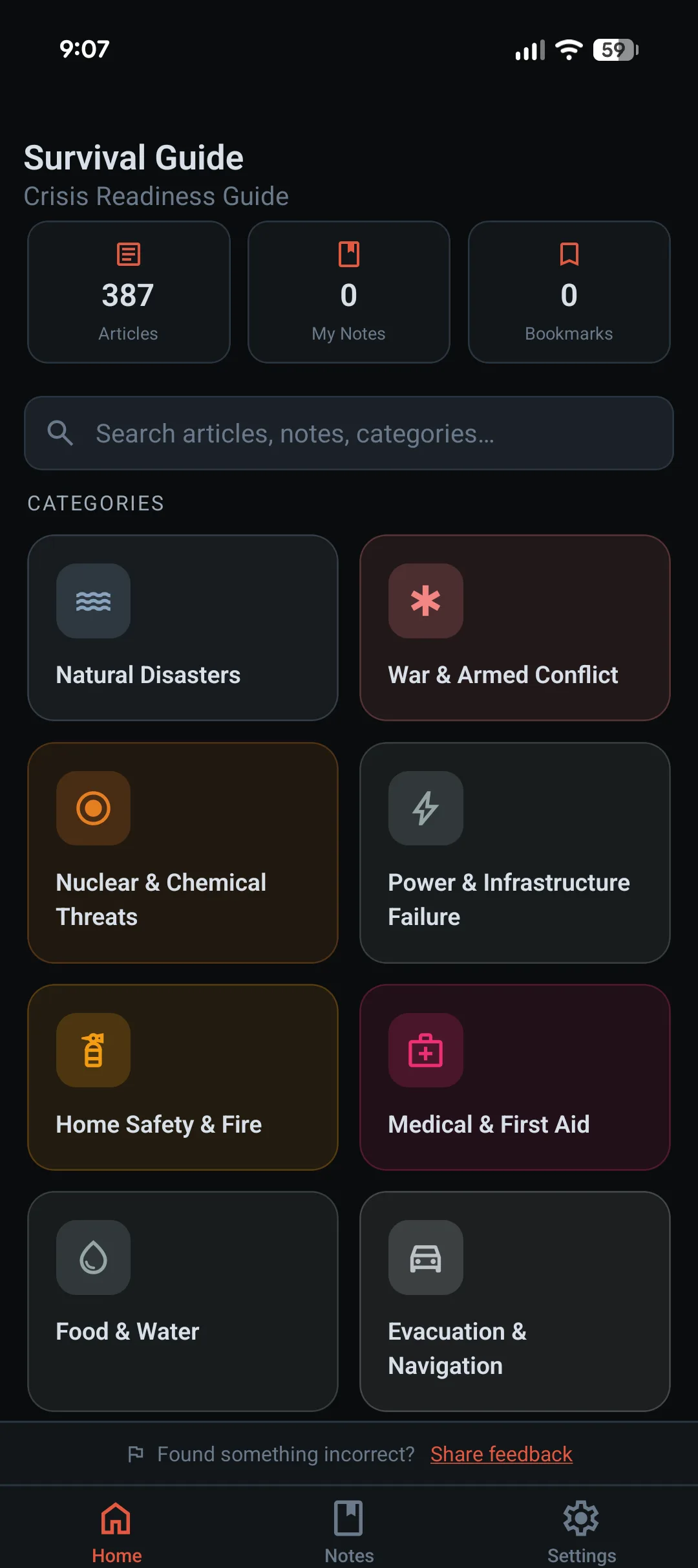 Survival Guide private notes screen